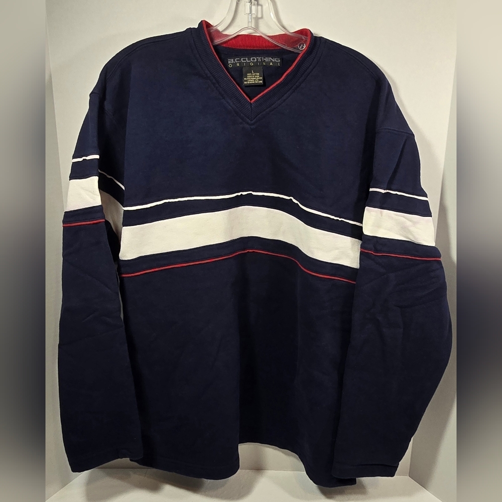 VINTAGE B.C. Clothing Original  V Neck Sweatshirt Men's Large Navy Blue Retro